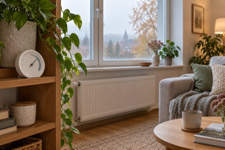 Patalpų higrometras šviesiame kambaryje šalia šildymo radiatoriaus