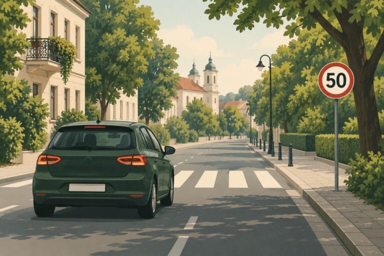 Automobilis miesto gatvėje prie pėsčiųjų perėjos ir greičio ribojimo ženklo